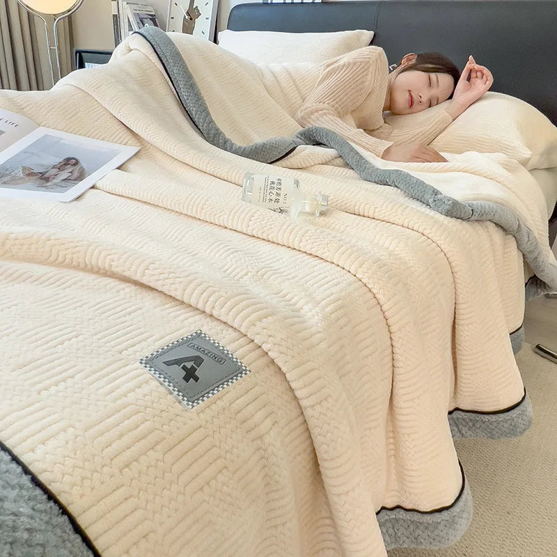 Afralia™ Cozy Jacquard Plush Blanket - Soft Coral Fleece - All-Season - European Solid Stripes