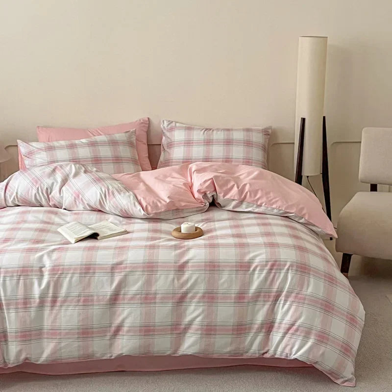 Afralia™ Soft Cotton Grid Printed Bedding Set for Single/Double Bed