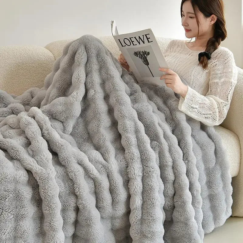 Afralia™ Rabbit Faux Fur Bubble Fleece Plush Blanket Double-Sided for Bed & Sofa