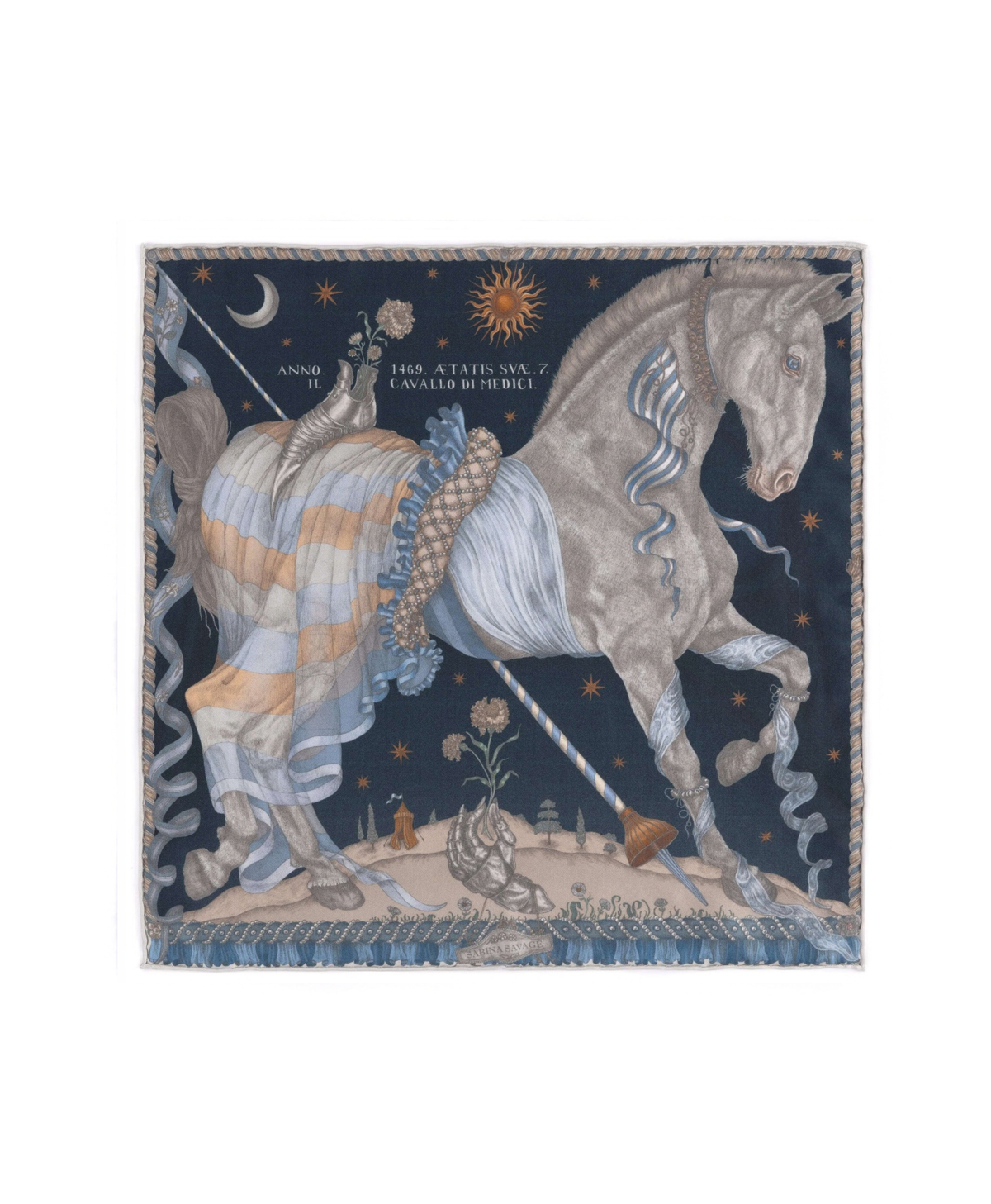 The Celestial Steed Silk Pocket Square by Sabina Savage in Mercury/Moonstone - Flat image