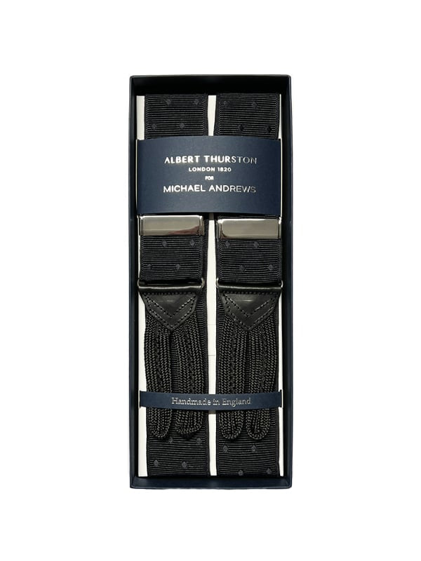 Albert Thurston Black Mono Dot Suspenders with Gold Hardware (Short) - custom suits nyc bespoke tailor midtown, noho