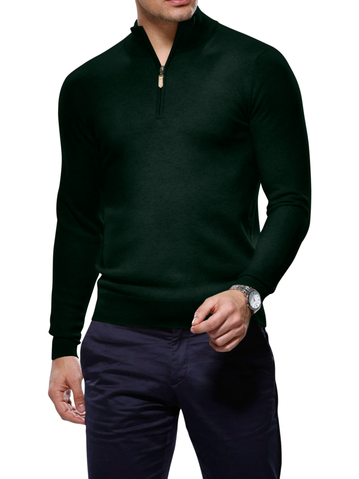 (product) Bottle Green Cashmere 1/4 Zip Mock Sweater - custom suits nyc bespoke tailor midtown, noho