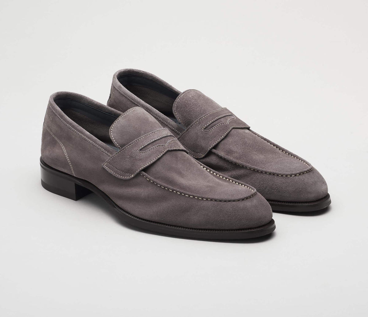 (product) Brera Peltro Grey Suede Loafer, Front view of the pair - custom suits nyc bespoke tailor midtown, noho