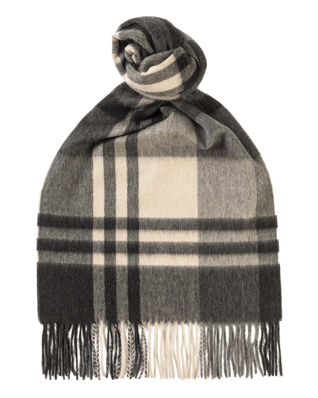 (product) Grey Primary Blackwatch Cashmere Scarf, Knotted - custom suits nyc bespoke tailor midtown, noho