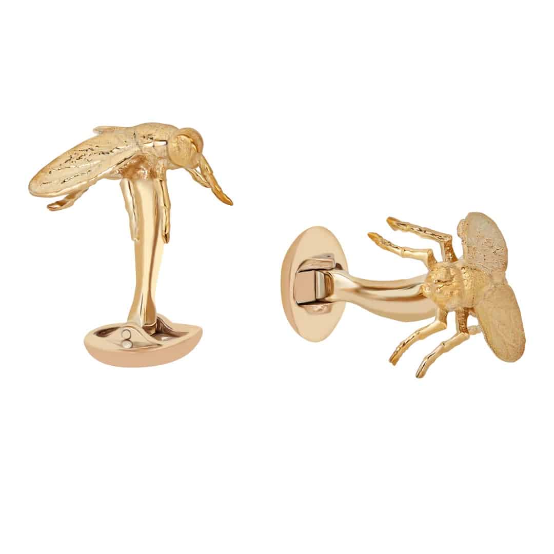 (product) The Goldblum Cufflinks, gold-tone insect design featuring intricate wing and body details - custom suits nyc bespoke tailor midtown, noho