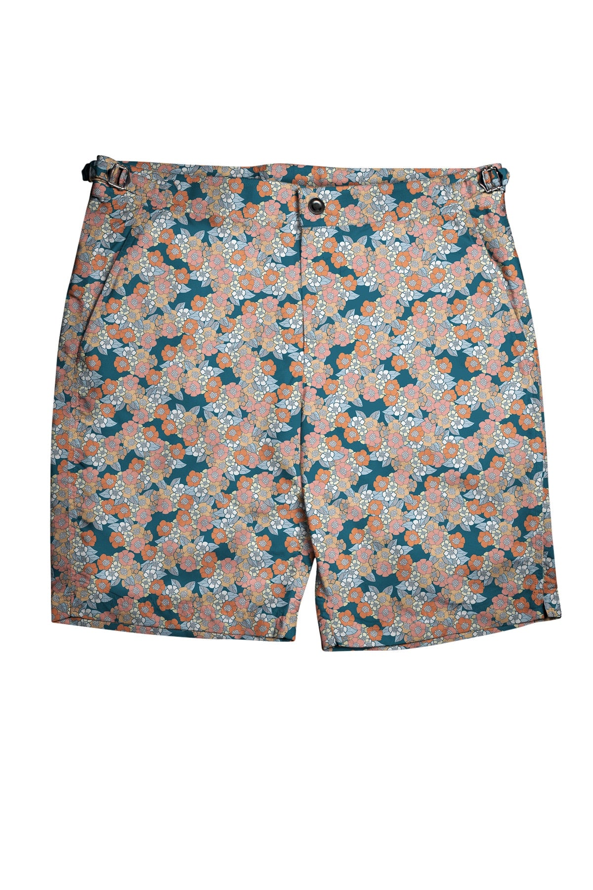 (product) Blue with Orange Flowers Swim Shorts, full view - custom suits nyc bespoke tailor midtown, noho