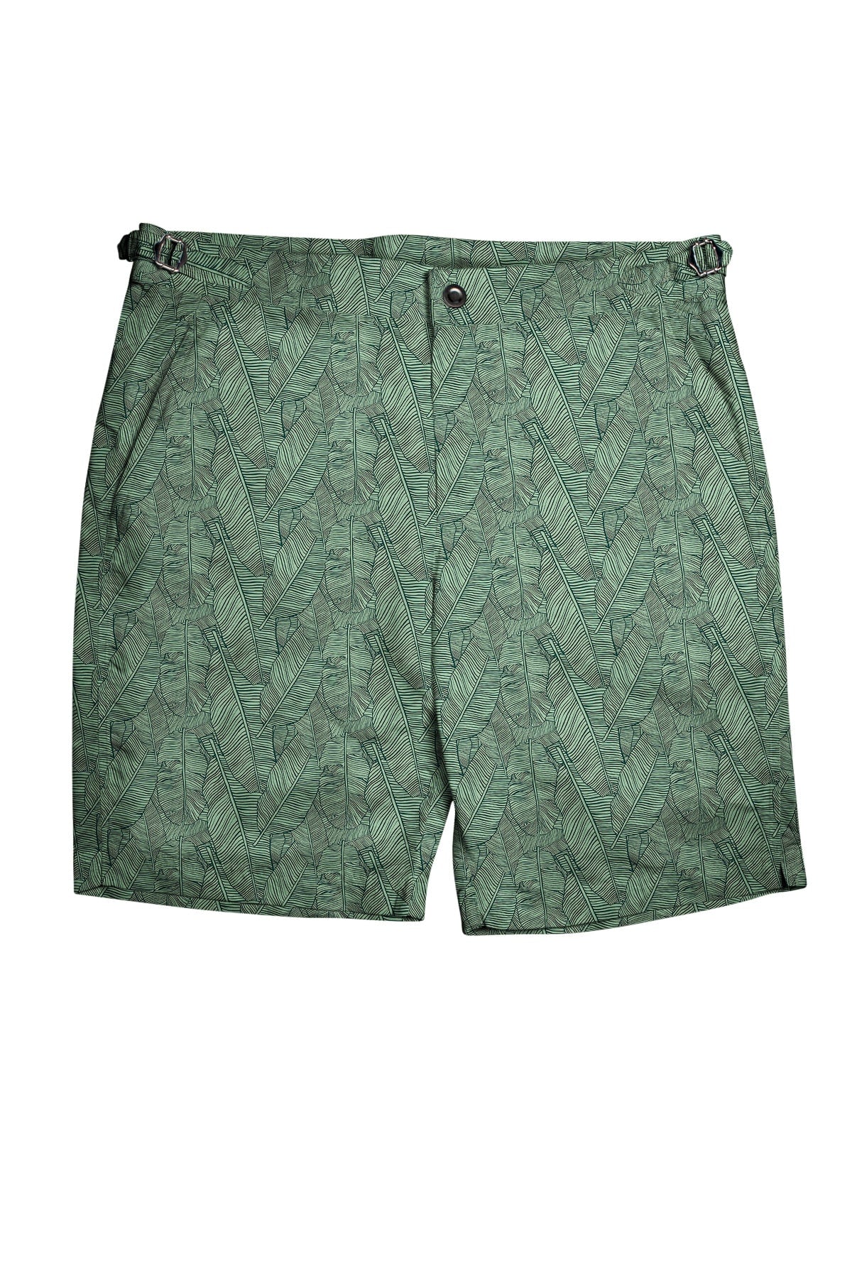 (product) Green Palm Leaves Swim Shorts, full view - custom suits nyc bespoke tailor midtown, noho