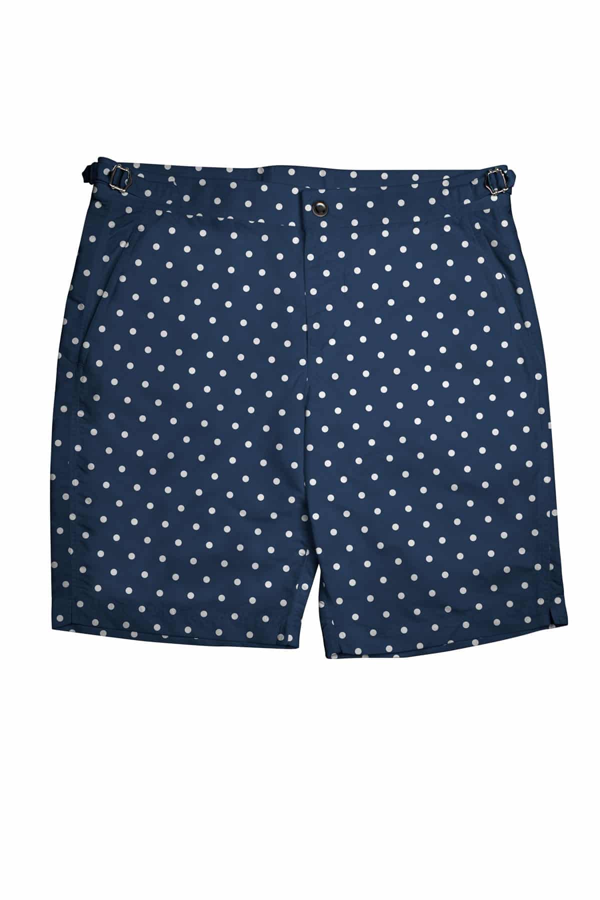 (product) Navy/White Polka Dots Swim Shorts, front view - custom suits nyc bespoke tailor midtown, noho