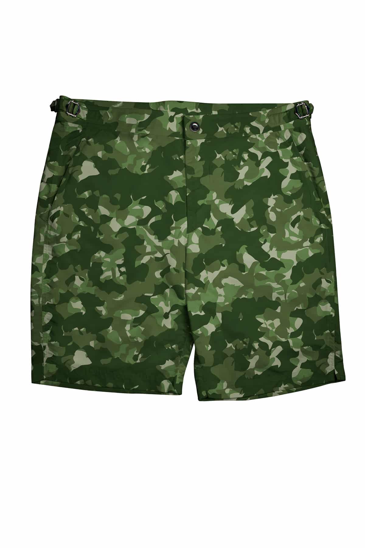 (product) Green Camouflage Swim Shorts, front view - custom suits nyc bespoke tailor midtown, noho