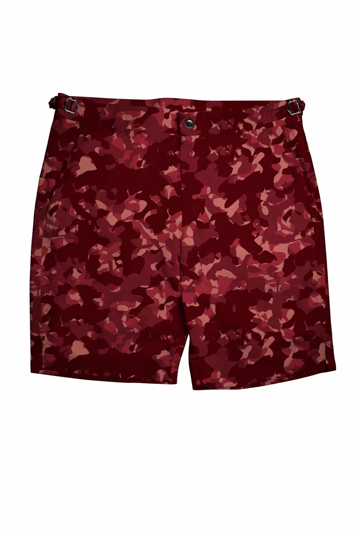 (product) Red Camouflage Swim Shorts, front view - custom suits nyc bespoke tailor midtown, noho