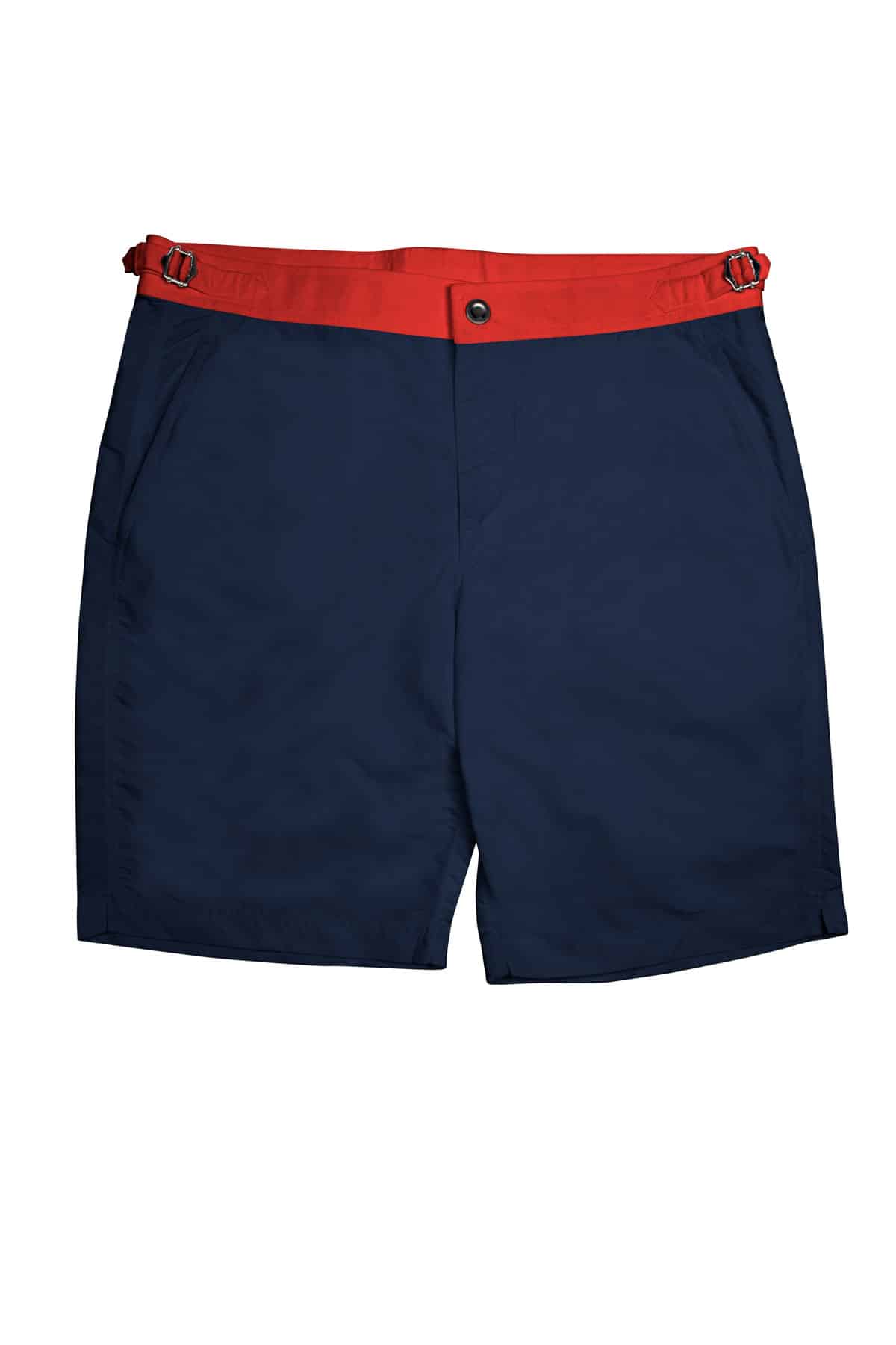 (product) Navy Blue Swim Shorts with Red Waistband - custom suits nyc bespoke tailor midtown, noho