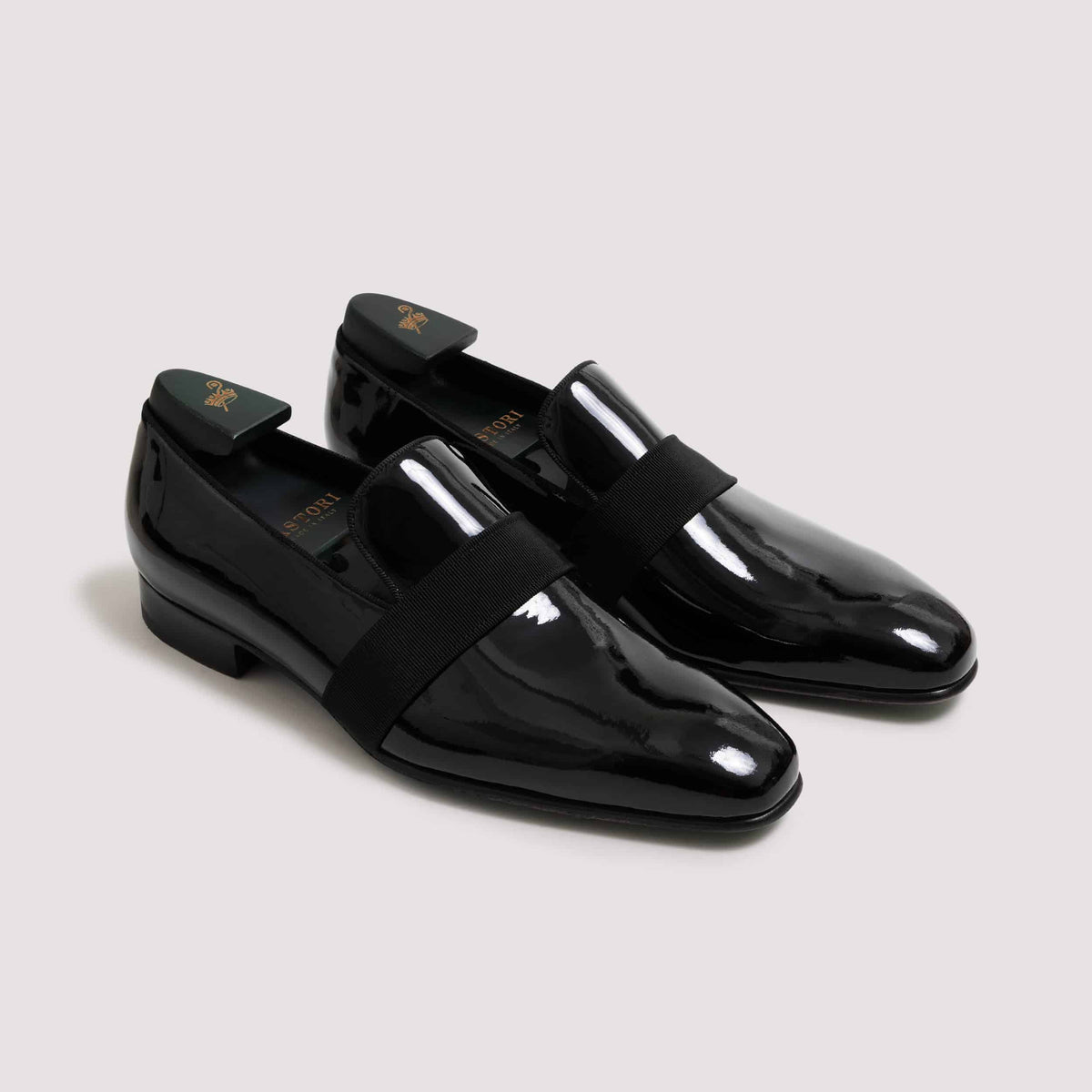(product) Galba Black Patent Formal Loafer, Front view of the pair - custom suits nyc bespoke tailor midtown, noho