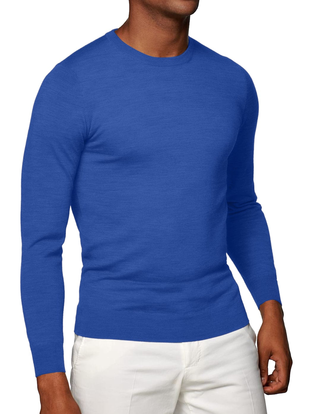 (product) Prussian Blue Merino Wool Crew Neck Sweater - custom suits nyc bespoke tailor midtown, noho