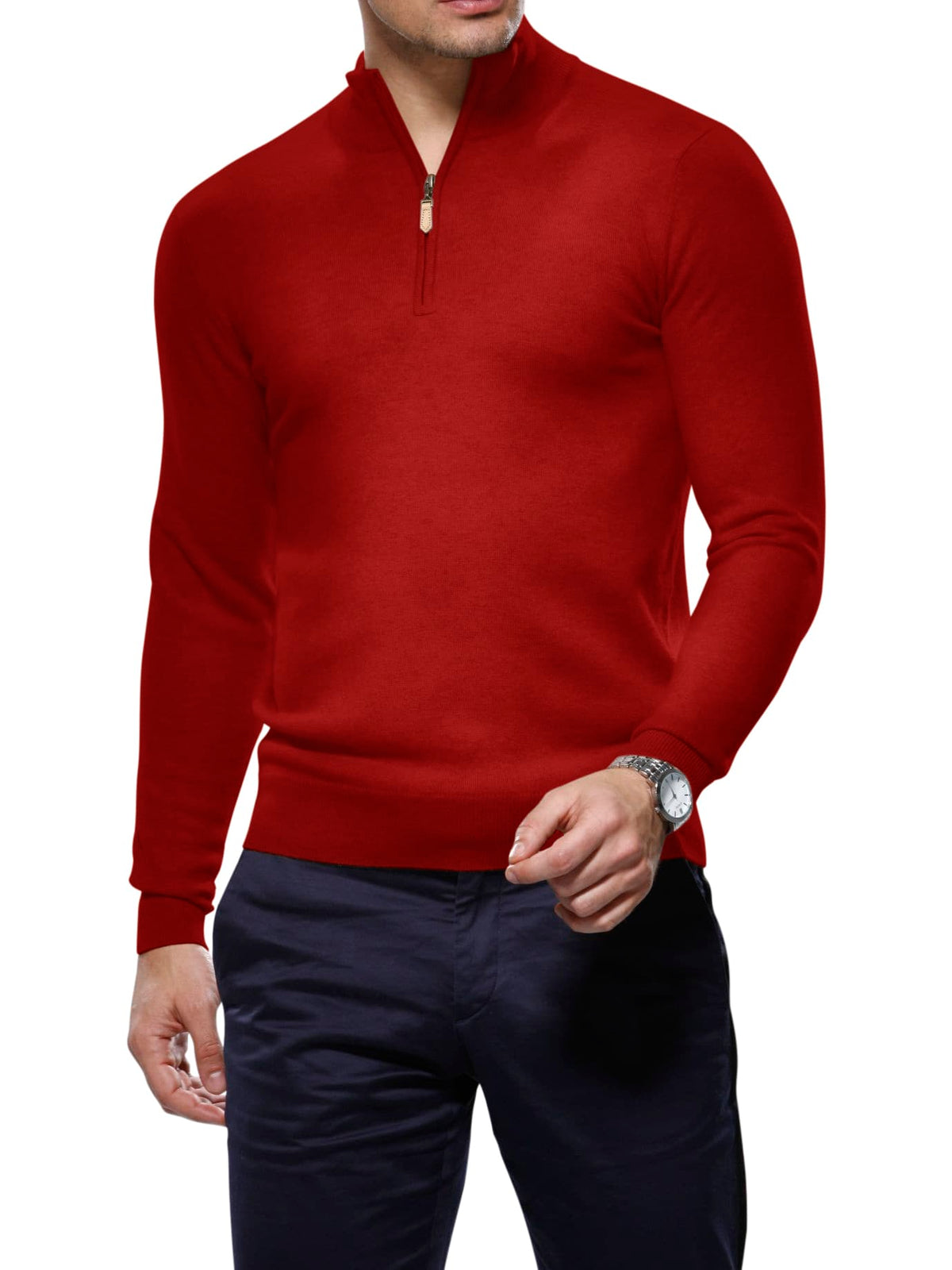(product) Red Merino Wool 1/4 Zip Mock Sweater - custom suits nyc bespoke tailor midtown, noho