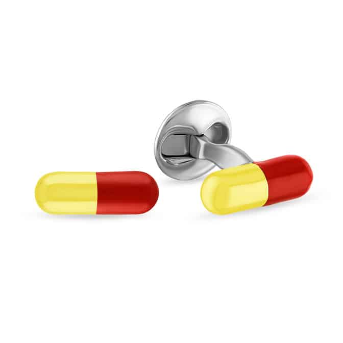 (product) The Happy Pill Cufflinks, red and yellow capsule design - custom suits nyc bespoke tailor midtown, noho