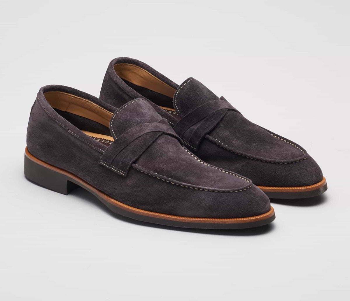 (product) Firenze Lavagna Suede Loafer, Front view of the pair - custom suits nyc bespoke tailor midtown, noho