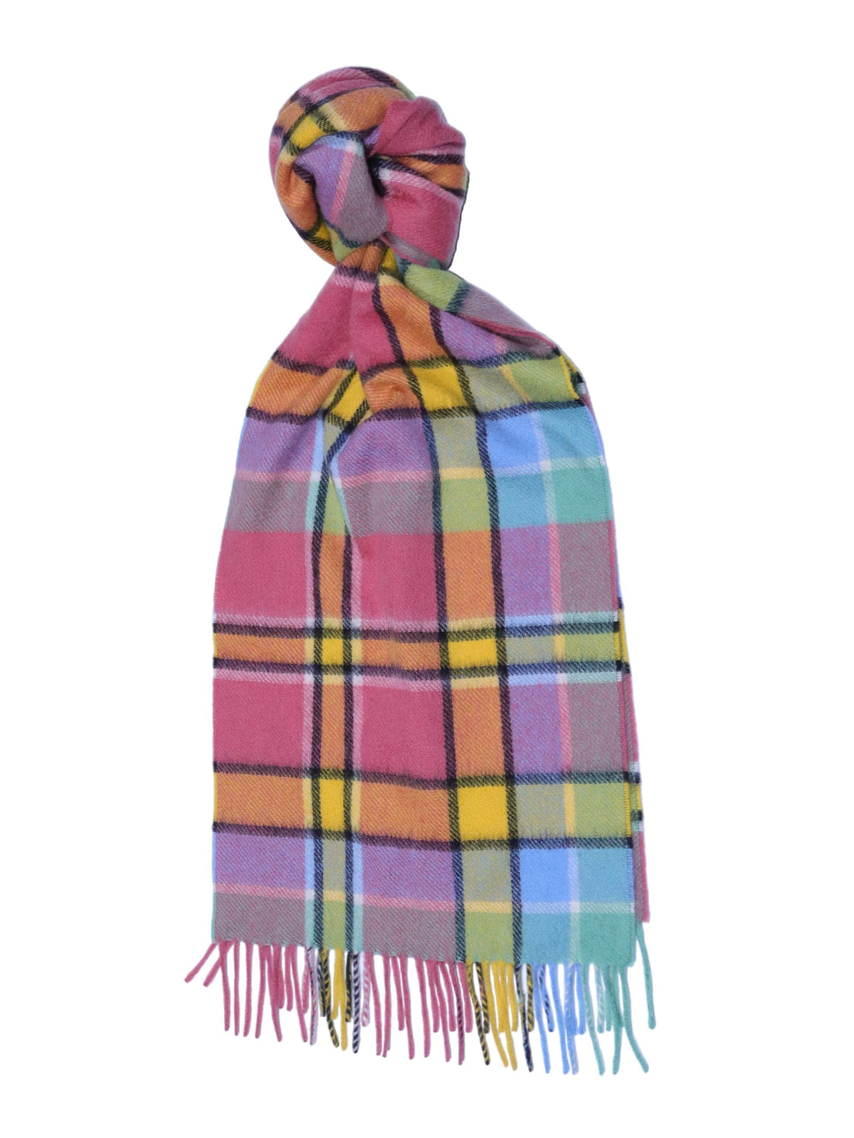(product) Multi-Coloured Plaid Cashmere Scarf, knotted - custom suits nyc bespoke tailor midtown, noho