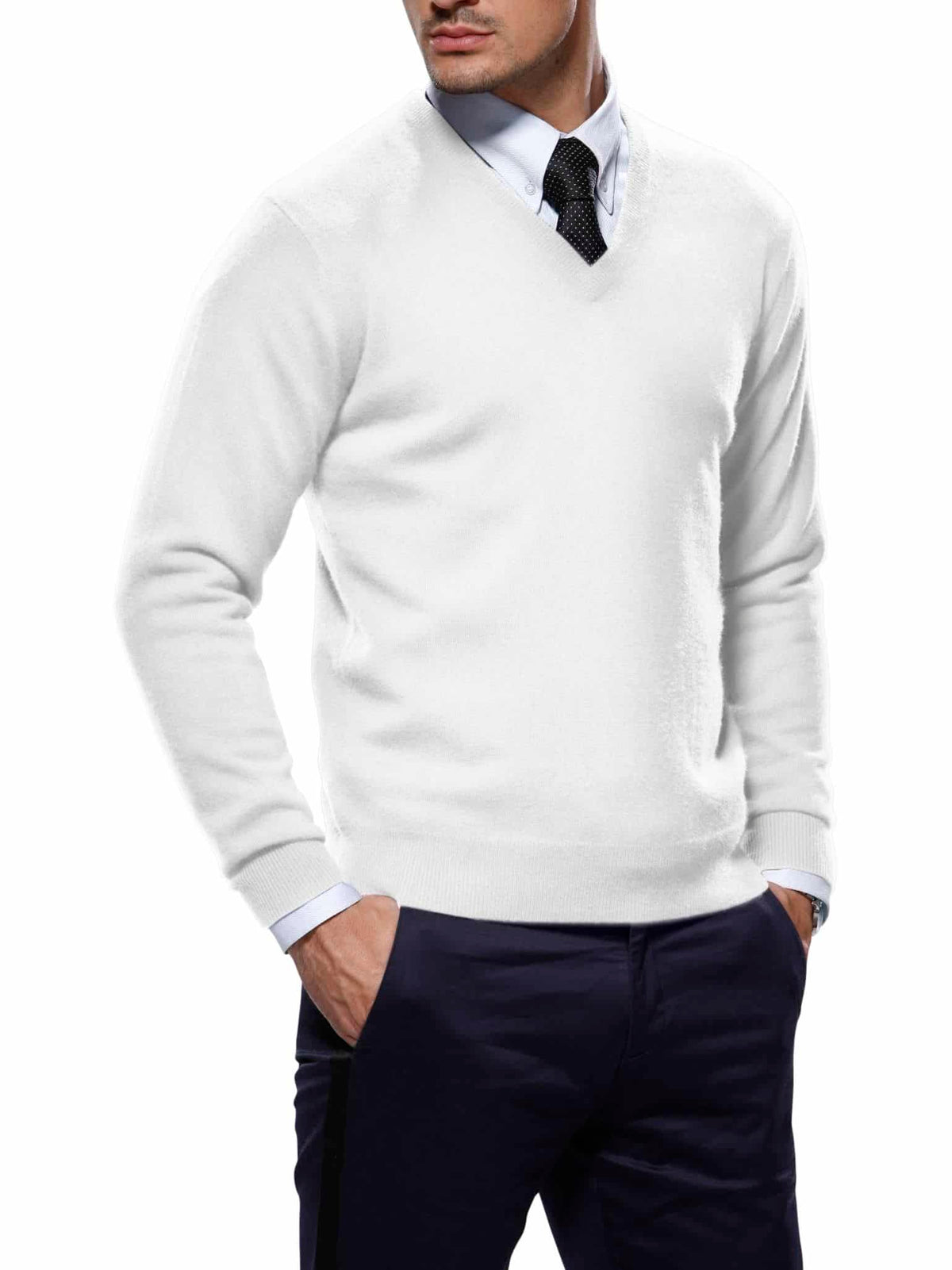 (product) White Pima Cotton V-Neck Sweater - custom suits nyc bespoke tailor midtown, noho