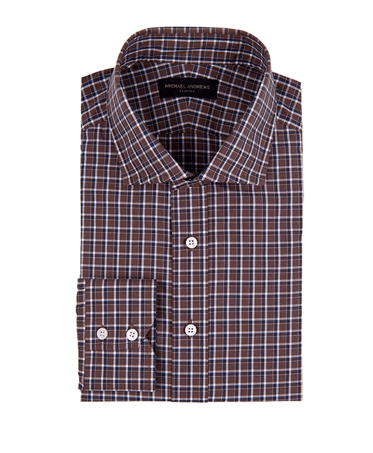 (product) Brown Navy Overlay Check, Spread-Collar Shirt - custom suits nyc bespoke tailor midtown, noho