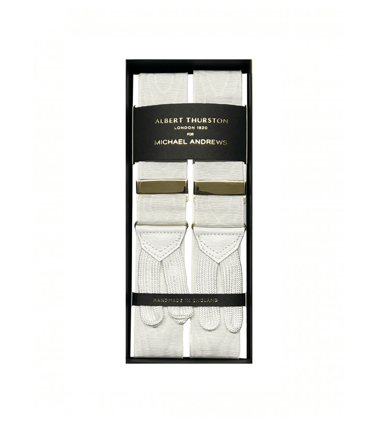 Albert Thurston White Moire Suspenders with Gold Hardware - custom suits nyc bespoke tailor midtown, noho
