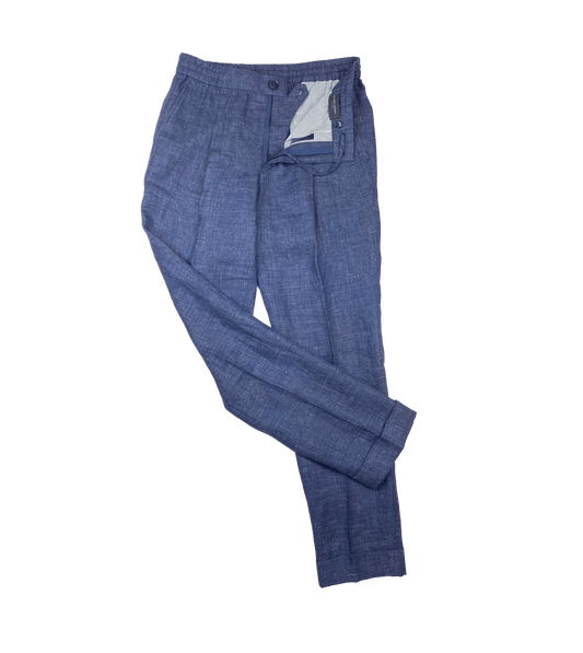(product) Dark Blue Linen Elastic Waist Pants - custom suits nyc bespoke tailor midtown, noho