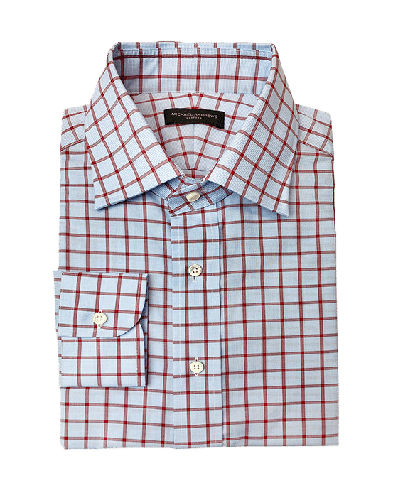 (product) Light Blue and Red Check Easy Care Poplin Dress Shirt - custom suits nyc bespoke tailor midtown, noho