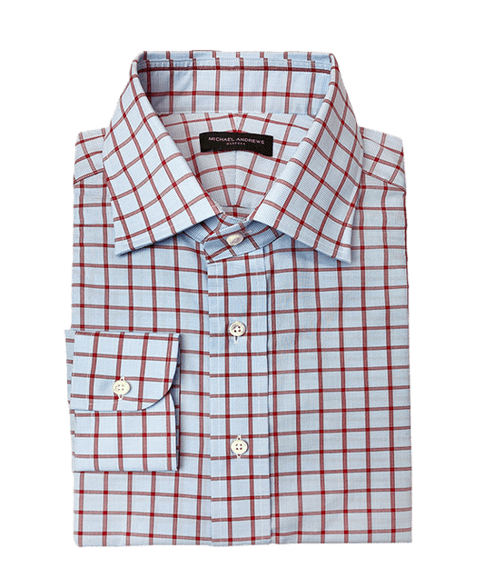 (product) Light Blue and Red Check Easy Care Poplin Dress Shirt - custom suits nyc bespoke tailor midtown, noho