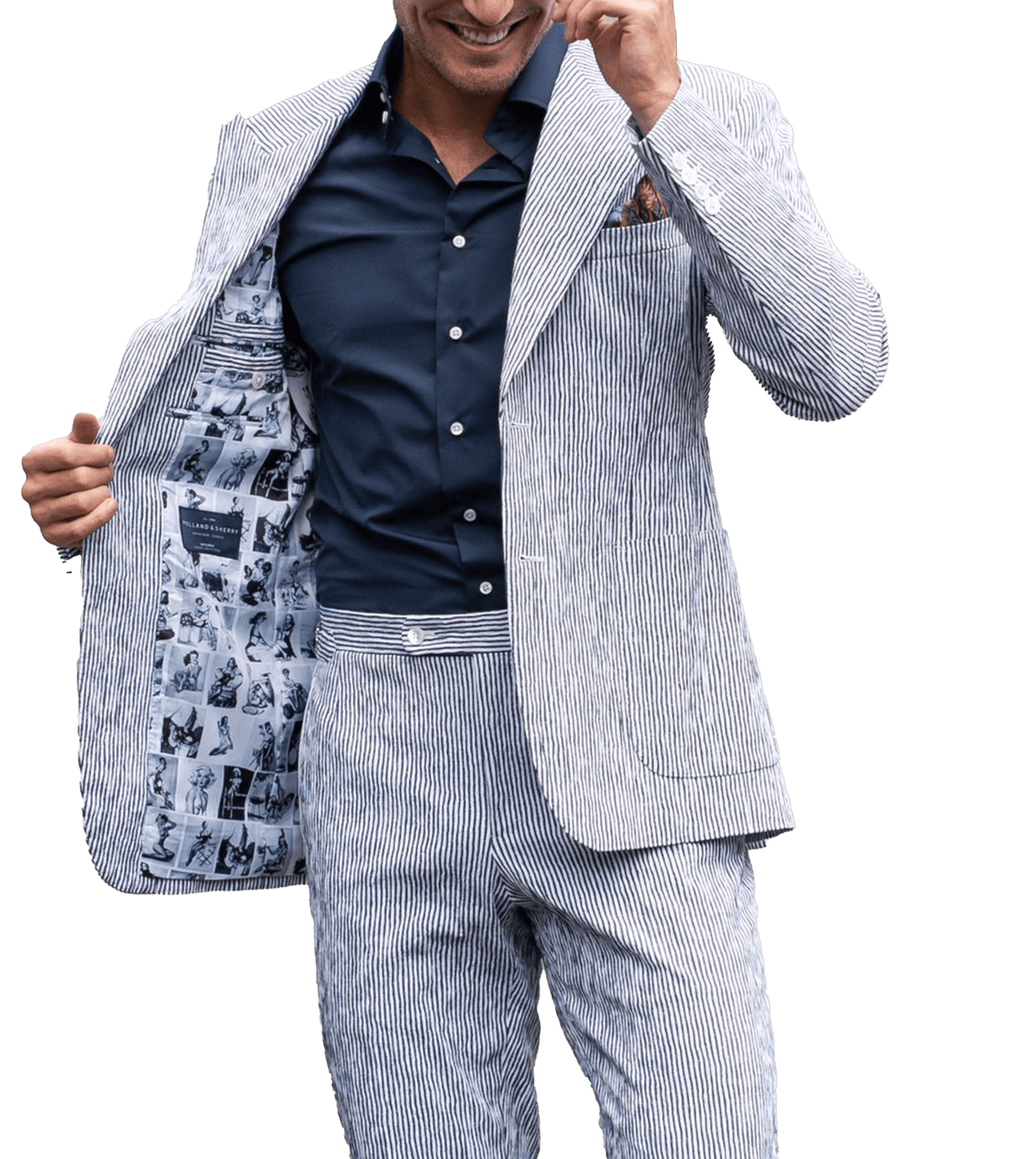 (product) Navy White Irregular Stripe Seersucker Suit - custom suits nyc bespoke tailor midtown, noho