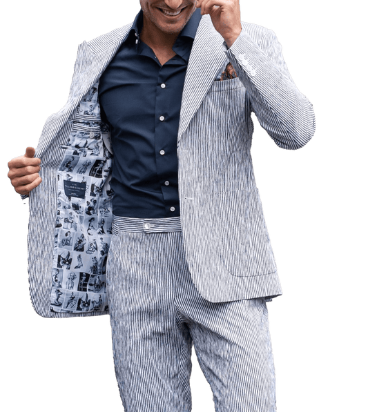 (product) Navy White Irregular Stripe Seersucker Suit - custom suits nyc bespoke tailor midtown, noho