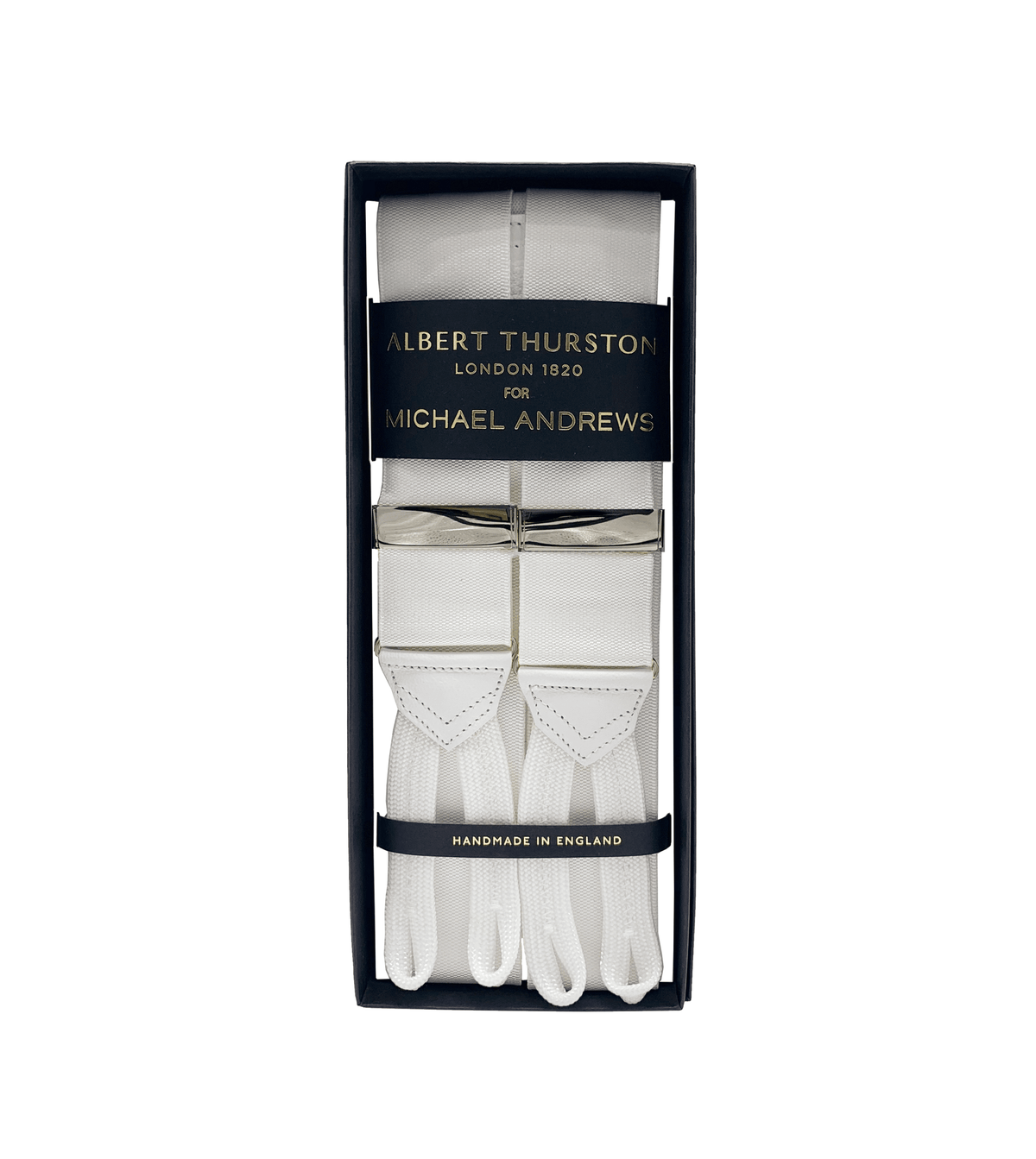 (product) White Solid Suspenders w Gold Hardware - custom suits nyc bespoke tailor midtown, noho
