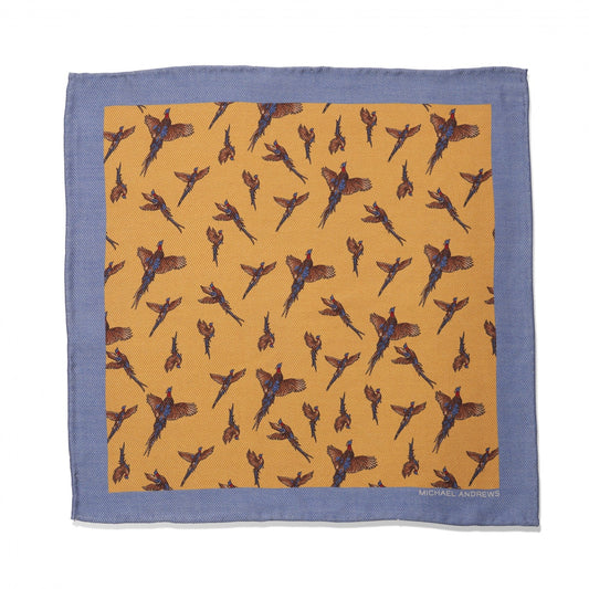 (product) Yellow, Tan Blue & Red Pheasant Pocket Square - custom suits nyc bespoke tailor midtown, noho