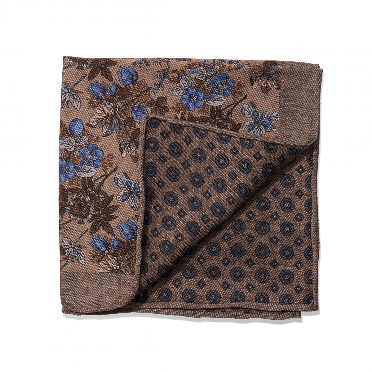 (product) Tan, Brown & Blue Floral & Large Medallion Double Sided Pocket Square, folded - custom suits nyc bespoke tailor midtown, noho