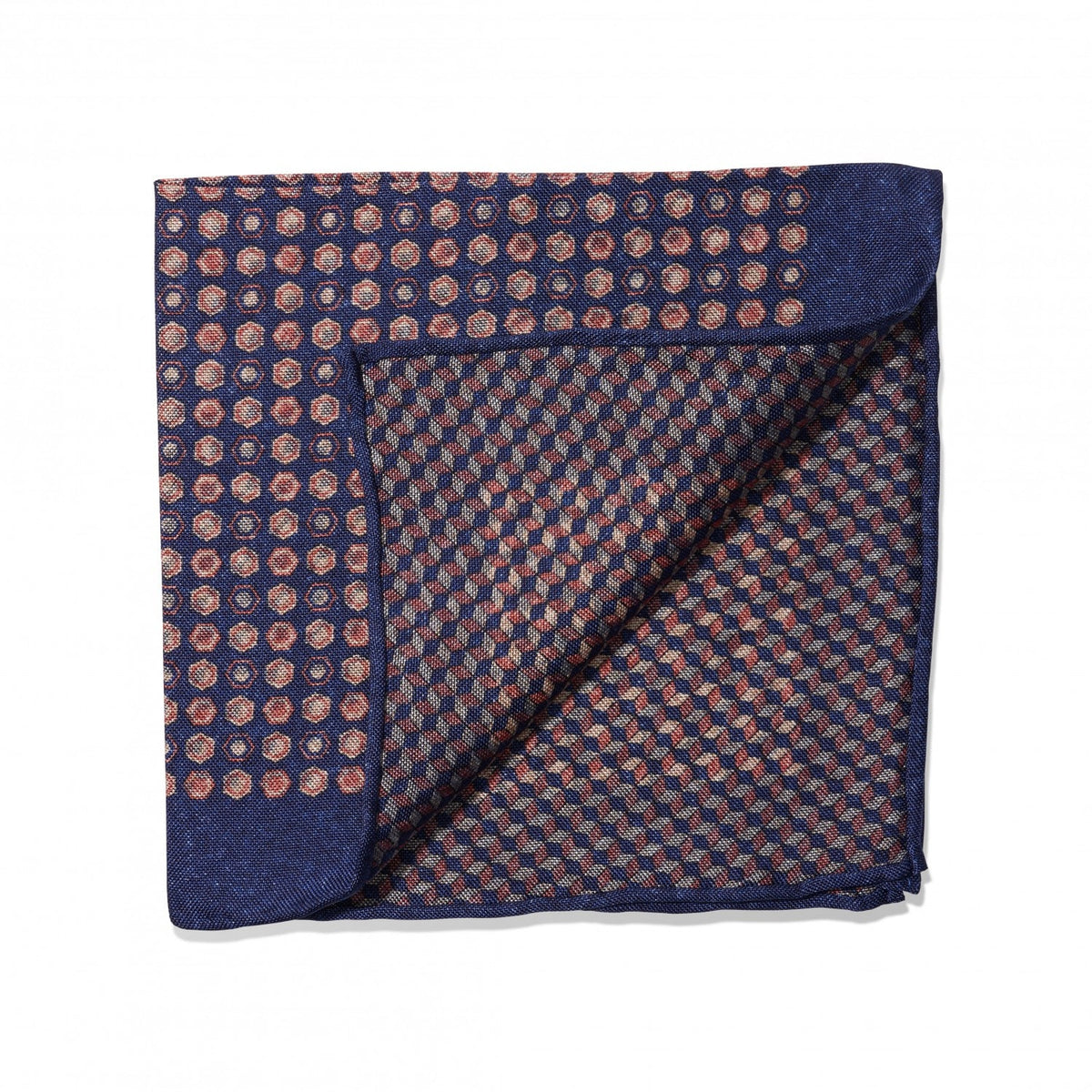 (product) Blue, Pink & Ivory Medallion & Cubes Double Sided Pocket Square, folded - custom suits nyc bespoke tailor midtown, noho