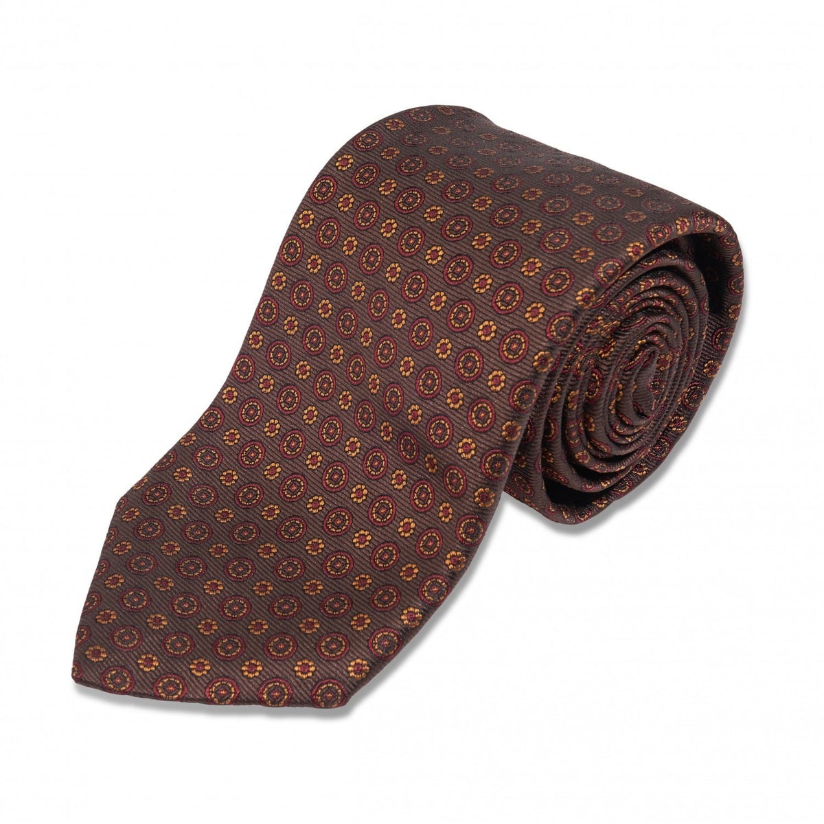(product) Brown with Maroon & Gold Medallion Silk Necktie, rolled - custom suits nyc bespoke tailor midtown, noho