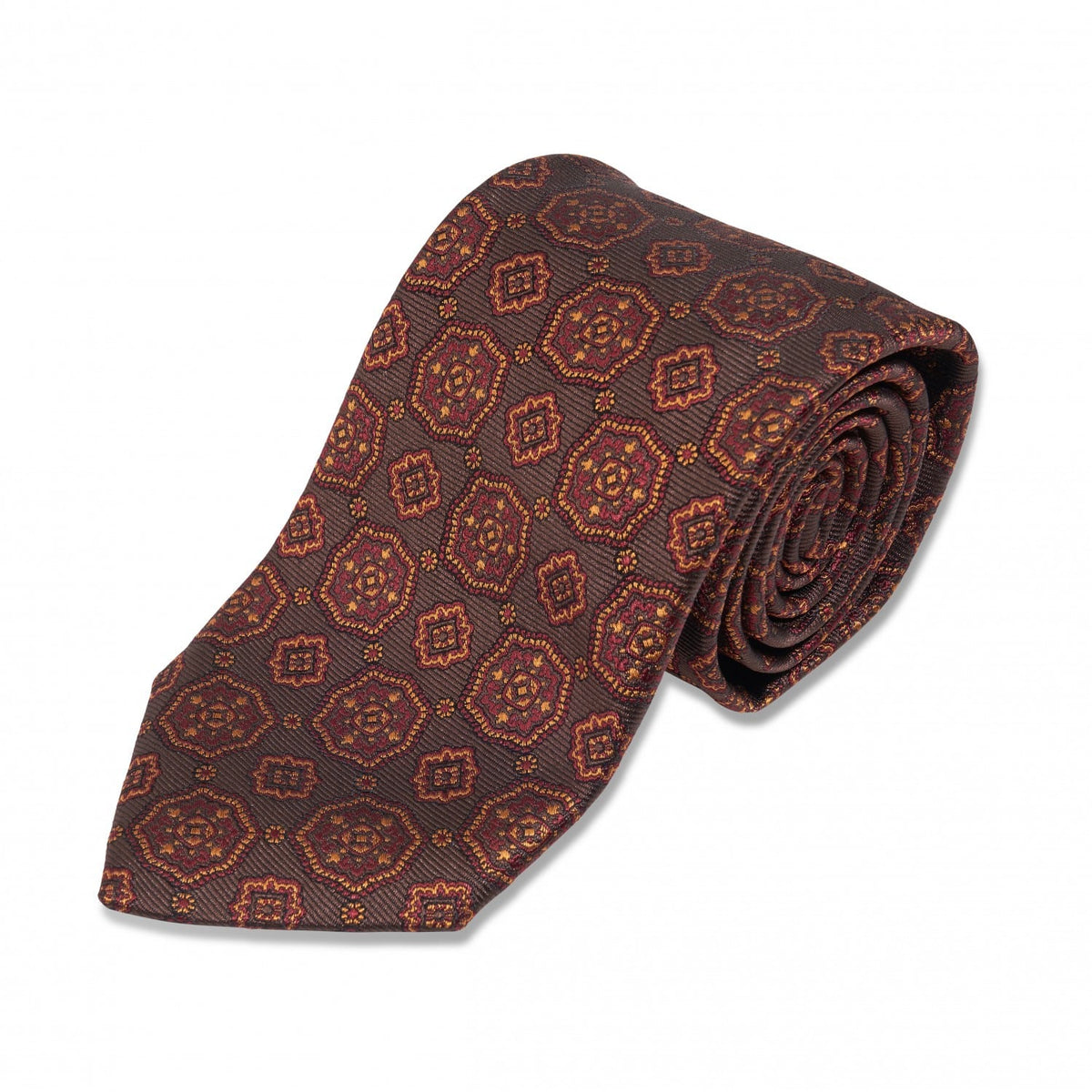 (product) Brown with Maroon & Gold Medallion Silk Necktie, rolled - custom suits nyc bespoke tailor midtown, noho