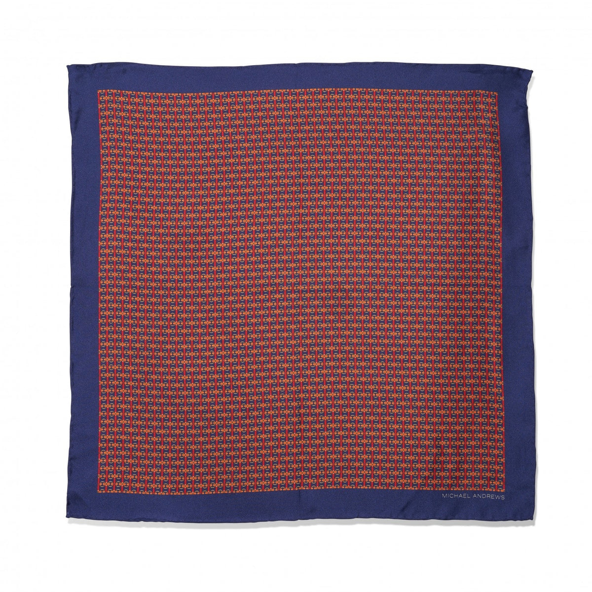 (product) Navy, Red, Orange & Yellow Horse Bit Pocket Square, Full view - custom suits nyc bespoke tailor midtown, noho