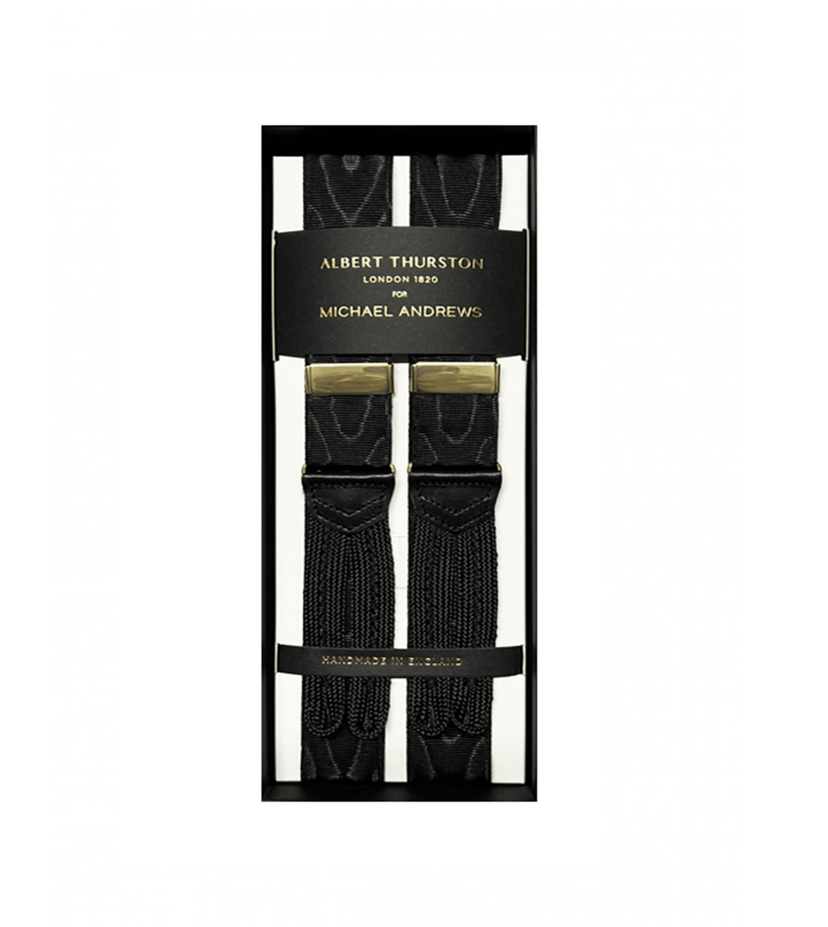 Albert Thurston 32mm Black Moire Suspenders with Gold Hardware - custom suits nyc bespoke tailor midtown, noho