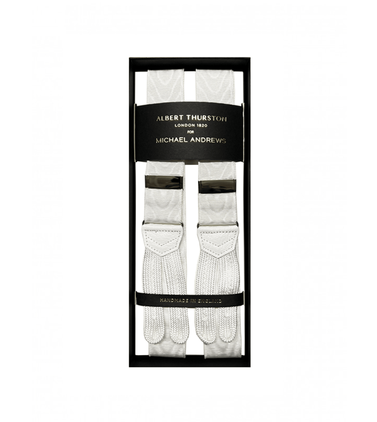 Albert Thurston 32mm White Moire Suspenders with Silver Hardware - custom suits nyc bespoke tailor midtown, noho