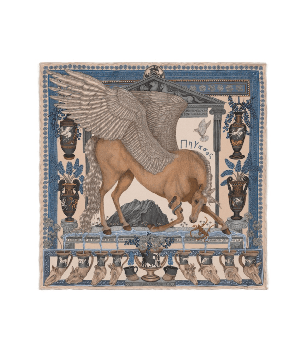 (product) The Temple of Pegasus Alabaster/ Milk Pocket Square, full view - custom suits nyc bespoke tailor midtown, noho