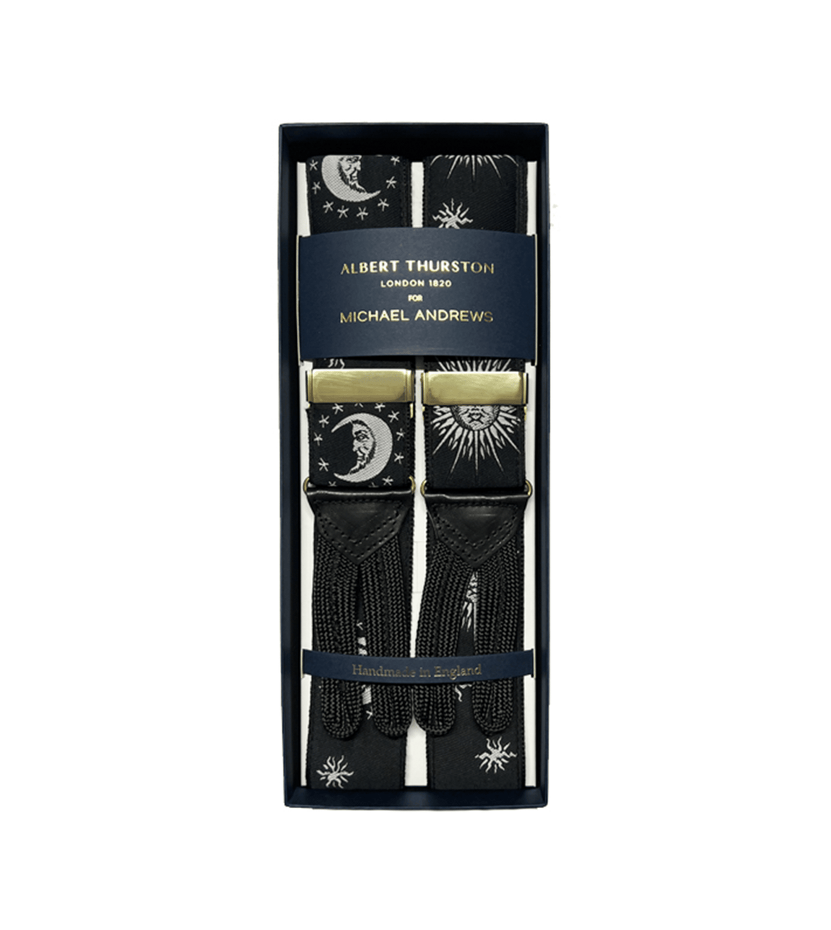 Albert Thurston Black Moon and stars Suspenders with Gold Hardware - custom suits nyc bespoke tailor midtown, noho