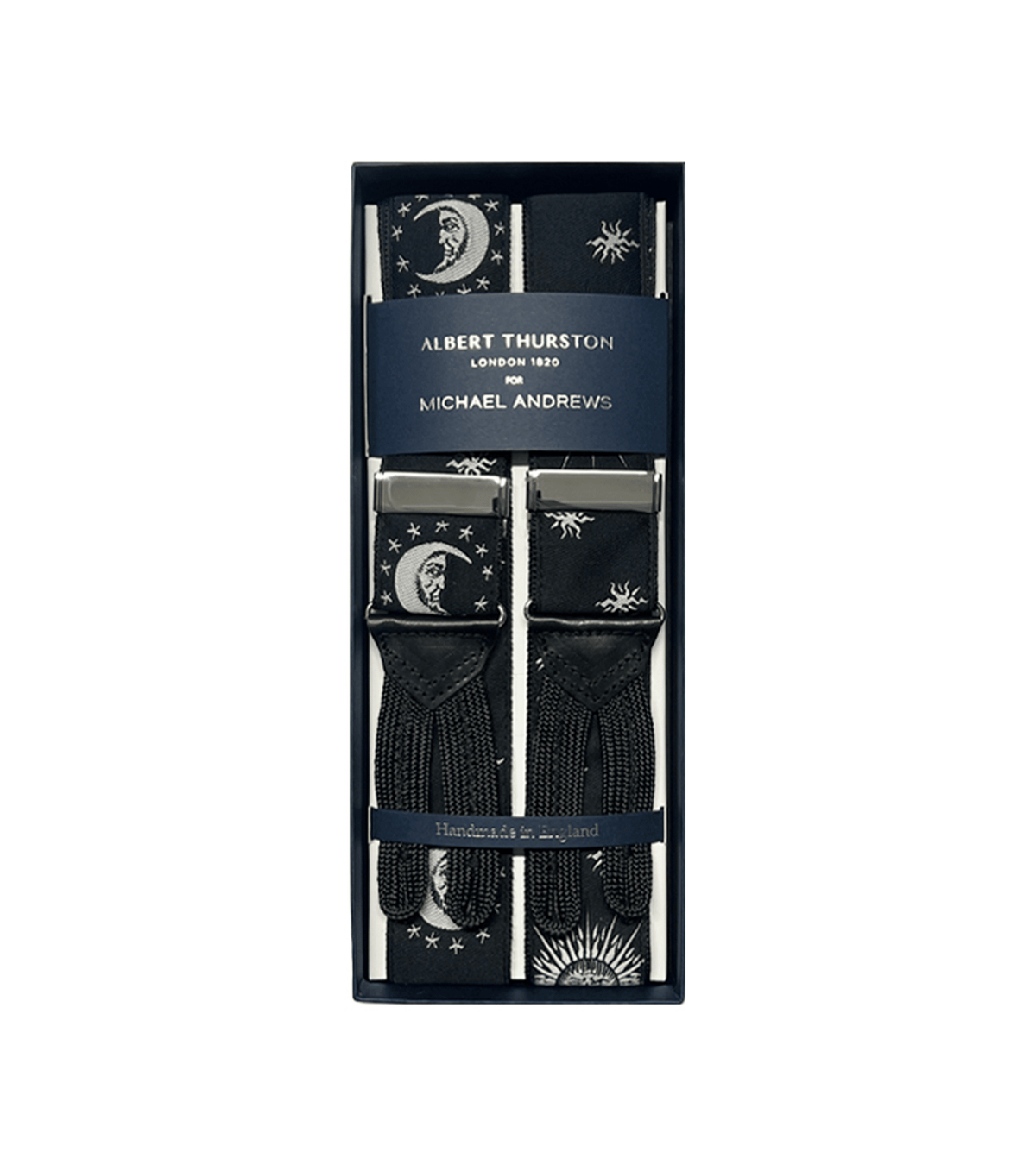 Albert Thurston Black Moon and Stars Suspenders with Silver Hardware - custom suits nyc bespoke tailor midtown, noho