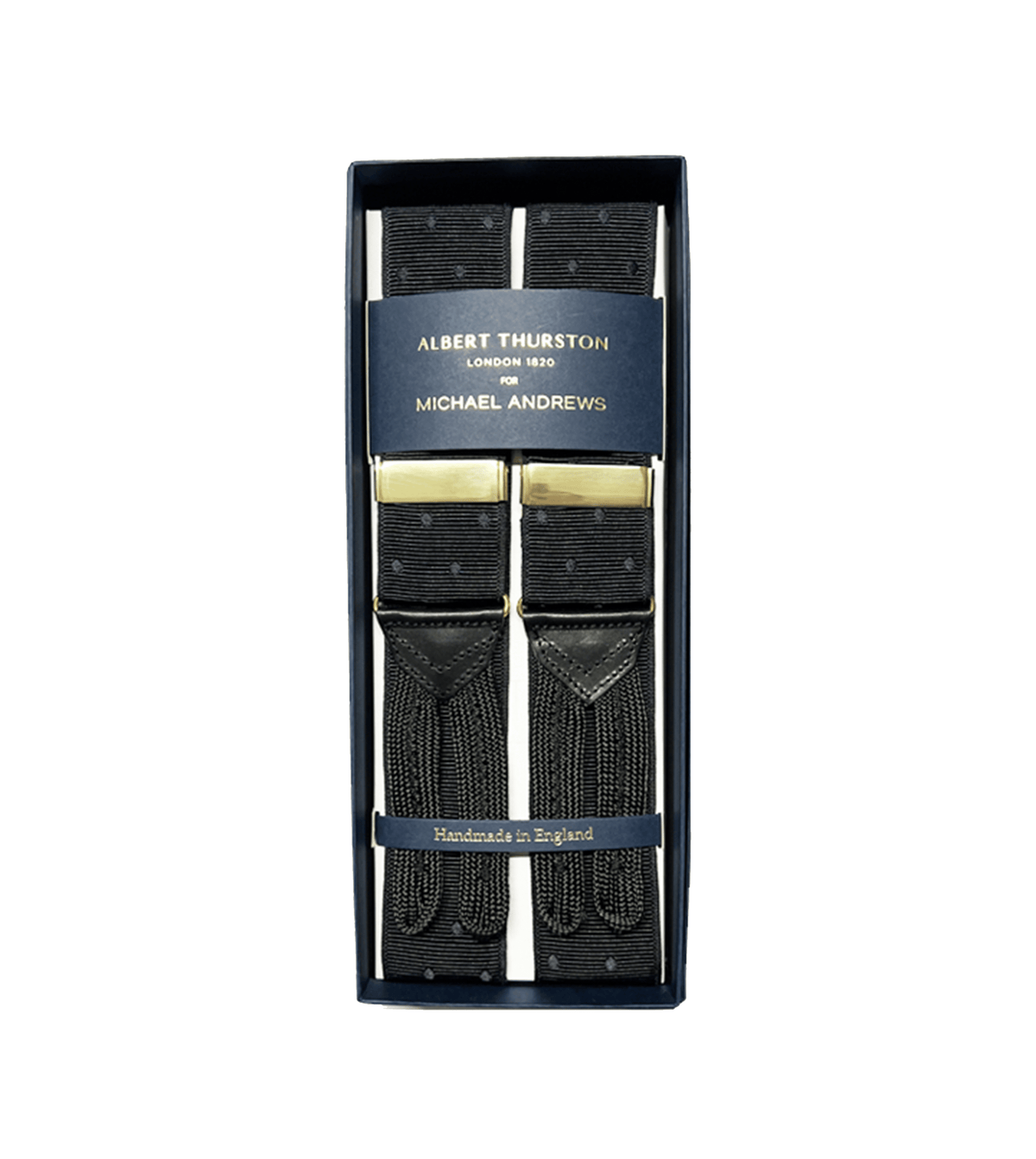 Albert Thurston Black Mono Dot Suspenders w Gold Hardware - custom suits nyc bespoke tailor midtown, noho