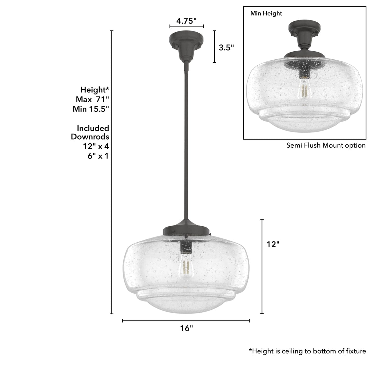 Saddle Creek Clear Seeded Glass 1 Light 16 Inch Pendant