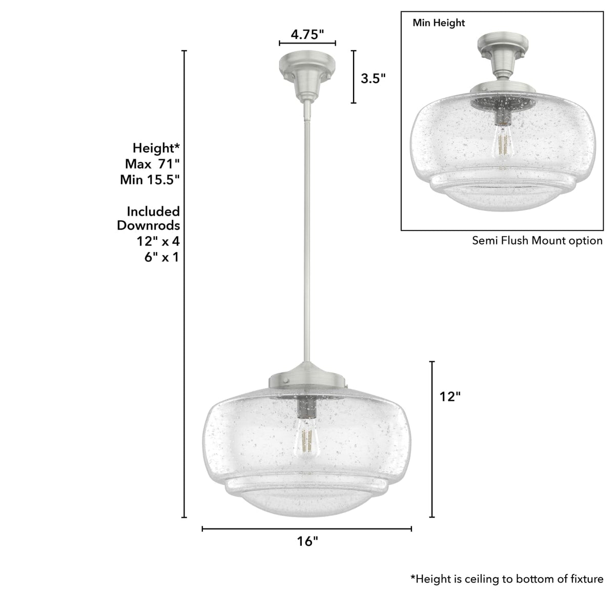 Saddle Creek Clear Seeded Glass 1 Light 16 Inch Pendant