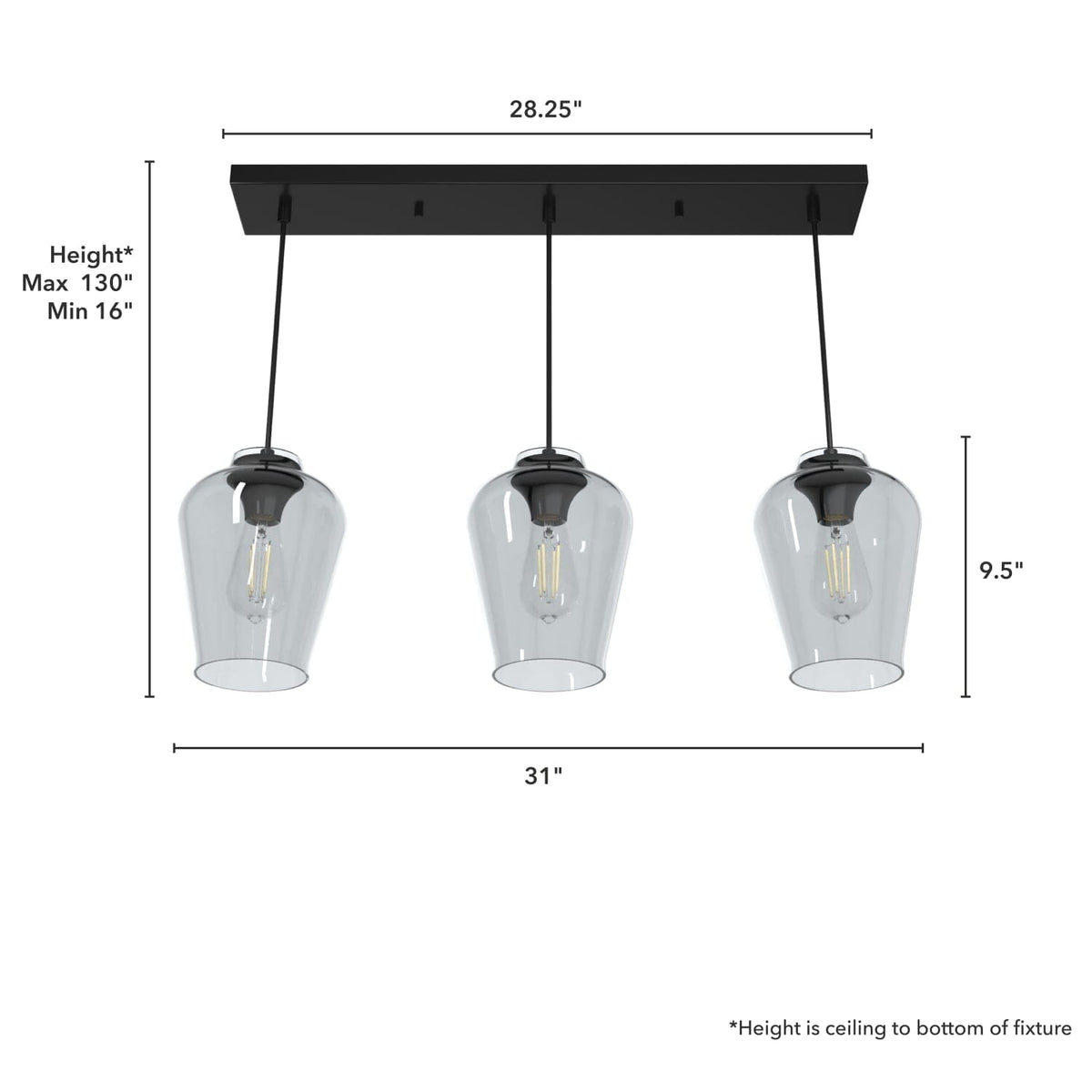 Vidria Smoked Glass 3 Light Linear Pendant Cluster