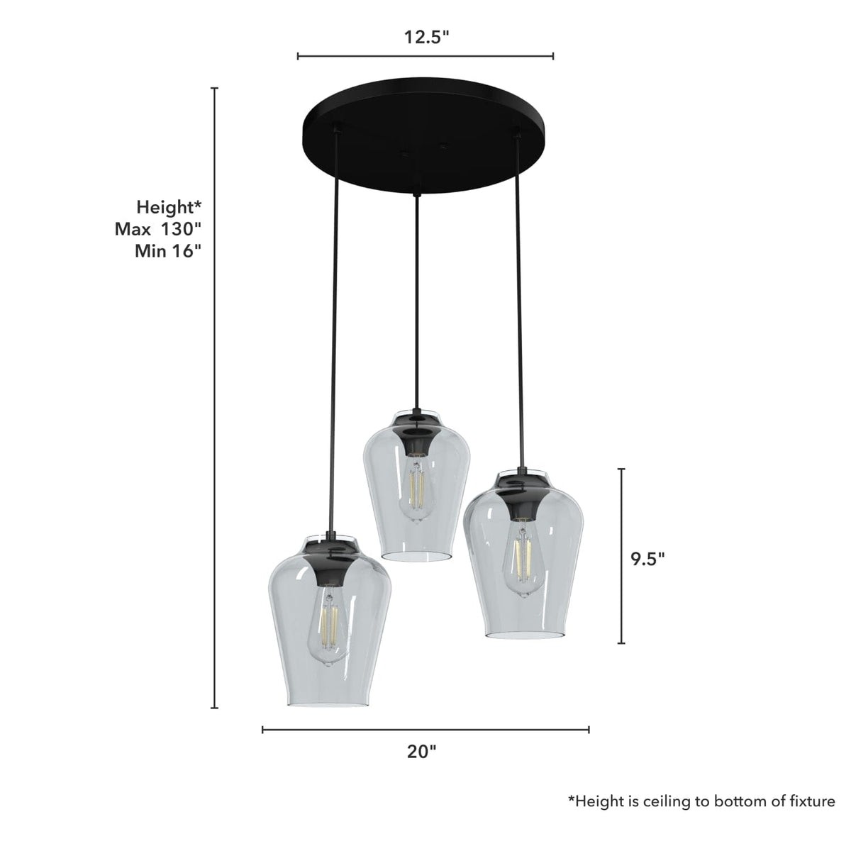 Vidria Smoked Glass 3 Light Round Pendant Cluster