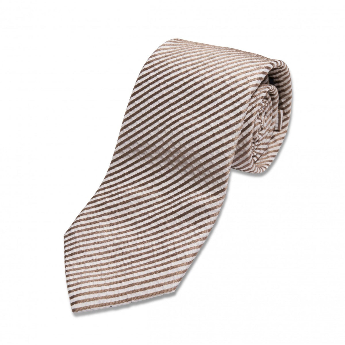 (product) Tan & White Stripe Silk Necktie, Rolled - custom suits nyc bespoke tailor midtown, noho