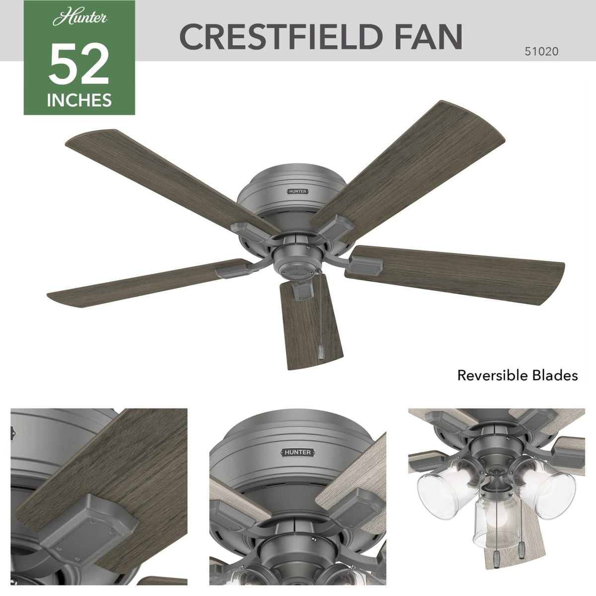 Crestfield Low Profile with 3 LED Lights 52 inch