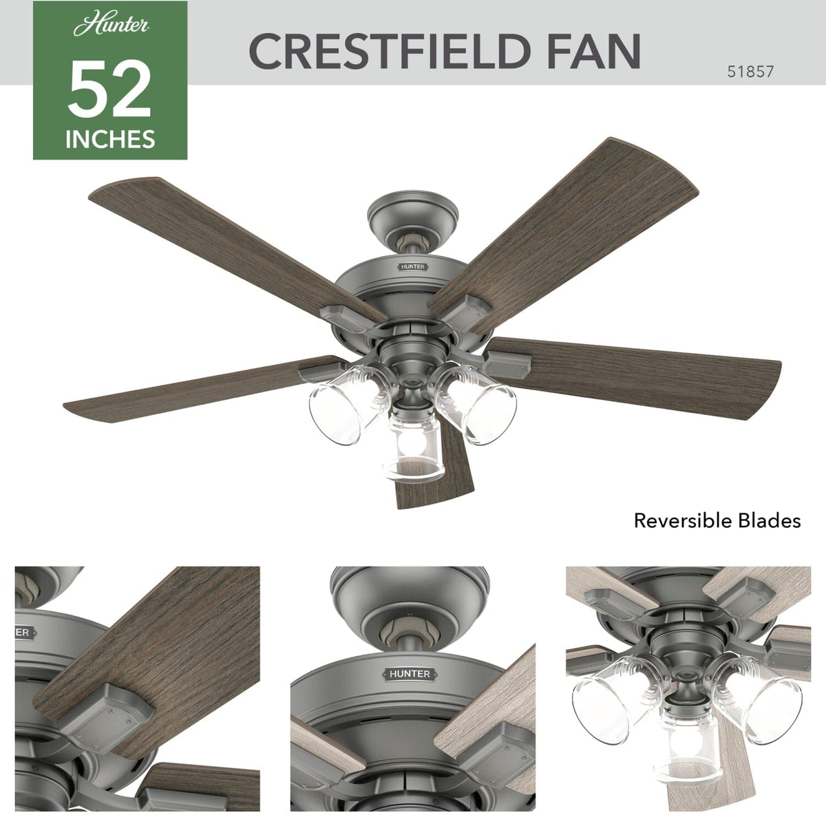 Crestfield with 3 LED Lights 52 inch with remote