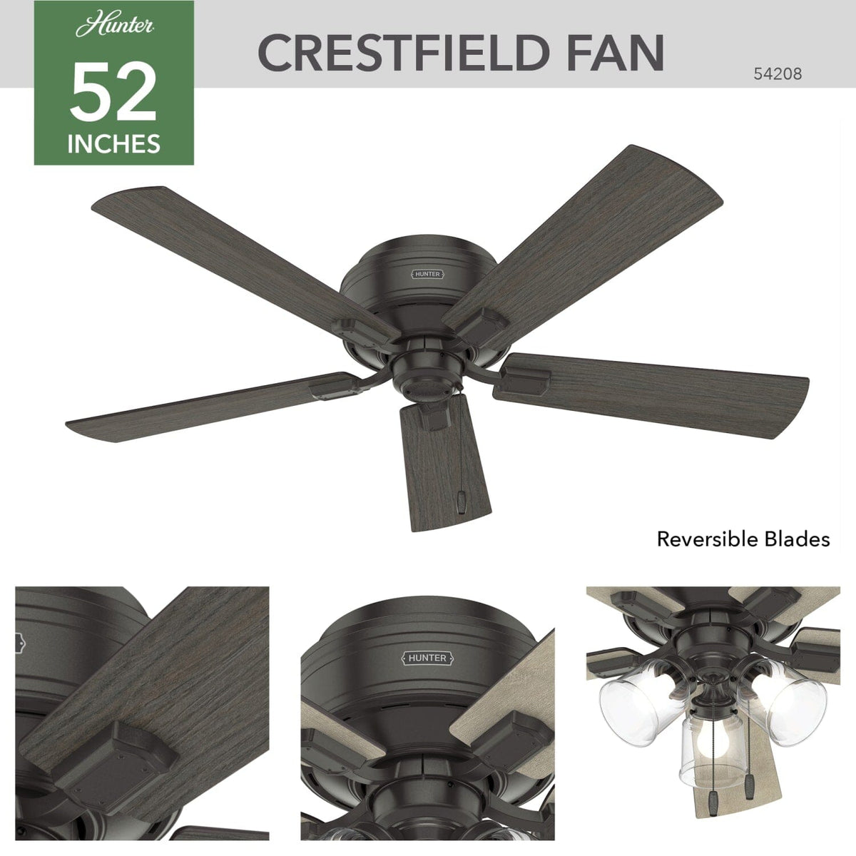 Crestfield Low Profile with 3 LED Lights 52 inch